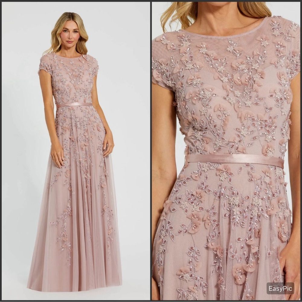 MAC DUGGAL 14521 Pink  Floral Embellished Short Sleeve Mesh Gown Dress Size 6